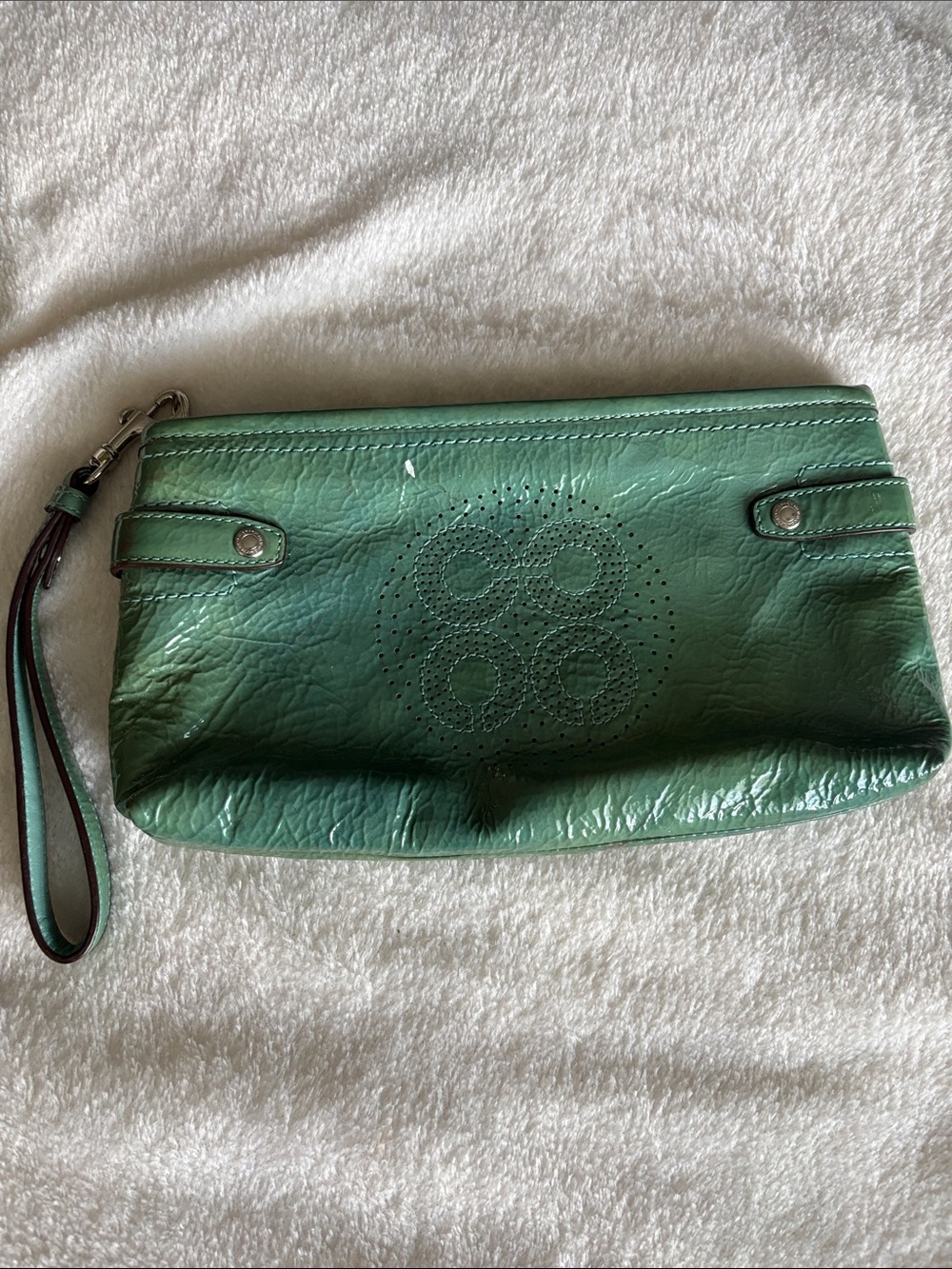 Coach Audrey Lagoon Teal Perforated Patent Leather Zip Wristlet